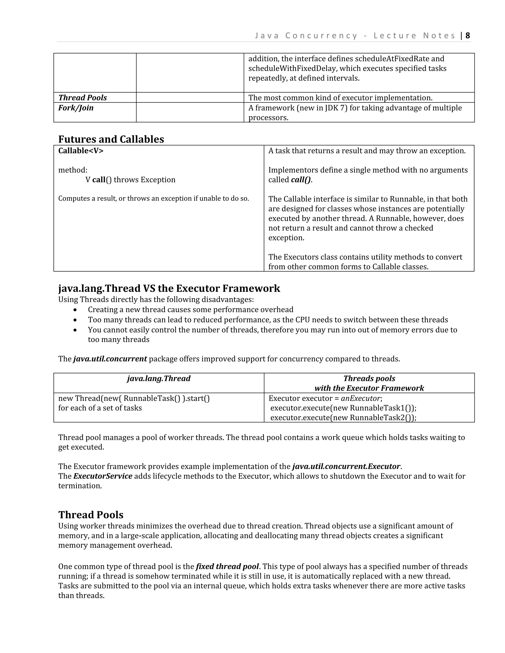 Java Concurrency - Lecture Notes |8

                                                            addition, the interface defines scheduleAtFixedRate and
                                                            scheduleWithFixedDelay, which executes specified tasks
                                                            repeatedly, at defined intervals.

Thread Pools                                                The most common kind of executor implementation.
Fork/Join                                                   A framework (new in JDK 7) for taking advantage of multiple
                                                            processors.

Futures and Callables
Callable<V>                                                       A task that returns a result and may throw an exception.

method:                                                           Implementors define a single method with no arguments
      V call() throws Exception                                   called call().

Computes a result, or throws an exception if unable to do so.     The Callable interface is similar to Runnable, in that both
                                                                  are designed for classes whose instances are potentially
                                                                  executed by another thread. A Runnable, however, does
                                                                  not return a result and cannot throw a checked
                                                                  exception.

                                                                  The Executors class contains utility methods to convert
                                                                  from other common forms to Callable classes.

java.lang.Thread VS the Executor Framework
Using Threads directly has the following disadvantages:
     Creating a new thread causes some performance overhead
     Too many threads can lead to reduced performance, as the CPU needs to switch between these threads
     You cannot easily control the number of threads, therefore you may run into out of memory errors due to
        too many threads

The java.util.concurrent package offers improved support for concurrency compared to threads.

                      java.lang.Thread                                                 Threads pools
                                                                              with the Executor Framework
new Thread(new( RunnableTask() ).start()                          Executor executor = anExecutor;
for each of a set of tasks                                        executor.execute(new RunnableTask1());
                                                                  executor.execute(new RunnableTask2());

Thread pool manages a pool of worker threads. The thread pool contains a work queue which holds tasks waiting to
get executed.

The Executor framework provides example implementation of the java.util.concurrent.Executor.
The ExecutorService adds lifecycle methods to the Executor, which allows to shutdown the Executor and to wait for
termination.


Thread Pools
Using worker threads minimizes the overhead due to thread creation. Thread objects use a significant amount of
memory, and in a large-scale application, allocating and deallocating many thread objects creates a significant
memory management overhead.

One common type of thread pool is the fixed thread pool. This type of pool always has a specified number of threads
running; if a thread is somehow terminated while it is still in use, it is automatically replaced with a new thread.
Tasks are submitted to the pool via an internal queue, which holds extra tasks whenever there are more active tasks
than threads.
 