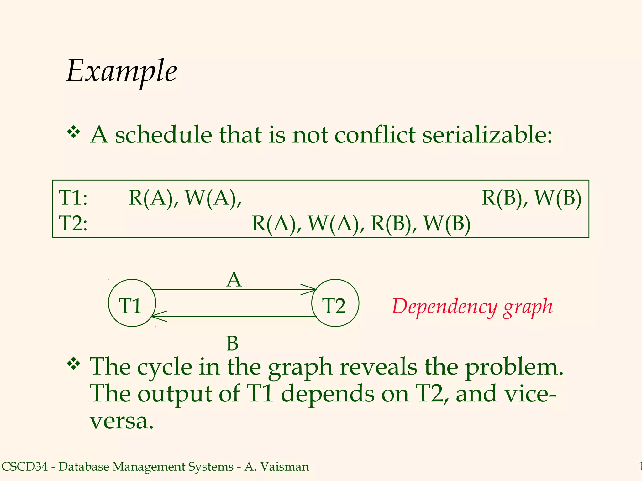 Example
              A schedule that is not conflict serializable:

         T1:        R(A), W(A),                                  R(B), W(B)
         T2:                           R(A), W(A), R(B), W(B)

                                   A
                  T1                                T2   Dependency graph
                                   B
              The cycle in the graph reveals the problem.
               The output of T1 depends on T2, and vice-
               versa.
CSCD34 - Database Management Systems - A. Vaisman                             1
 