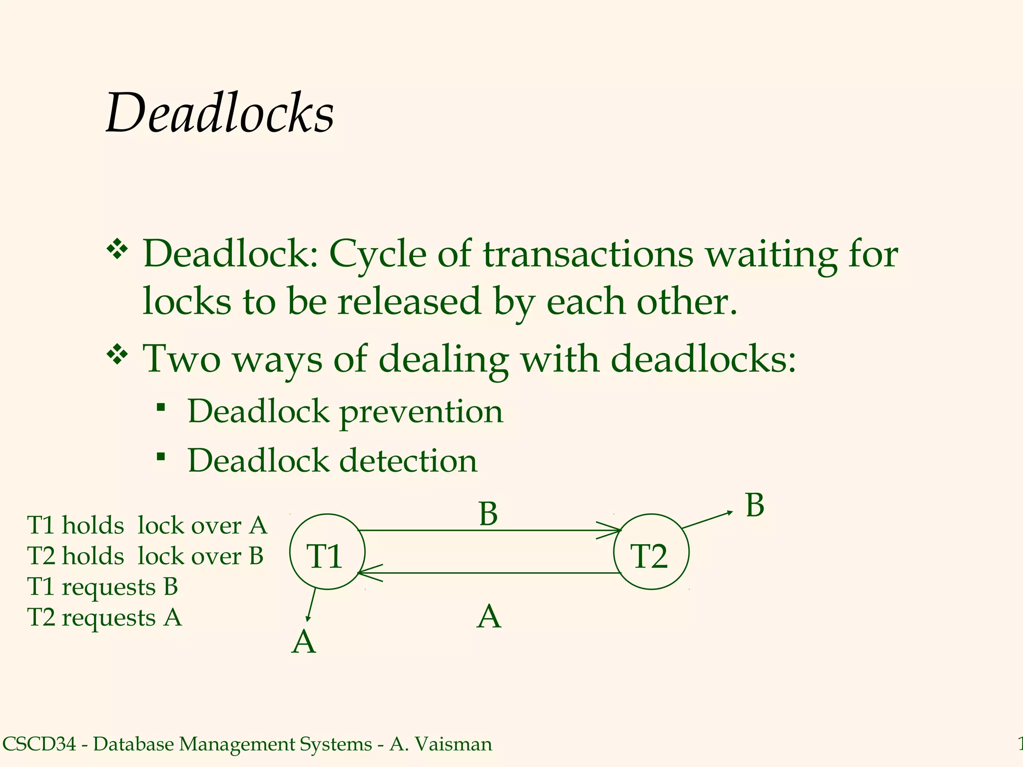 Deadlocks

           Deadlock: Cycle of transactions waiting for
            locks to be released by each other.
           Two ways of dealing with deadlocks:
                  Deadlock prevention
                  Deadlock detection
                                               B         B
  T1 holds lock over A
  T2 holds lock over B        T1                    T2
  T1 requests B
  T2 requests A                                A
                            A

CSCD34 - Database Management Systems - A. Vaisman            1
 
