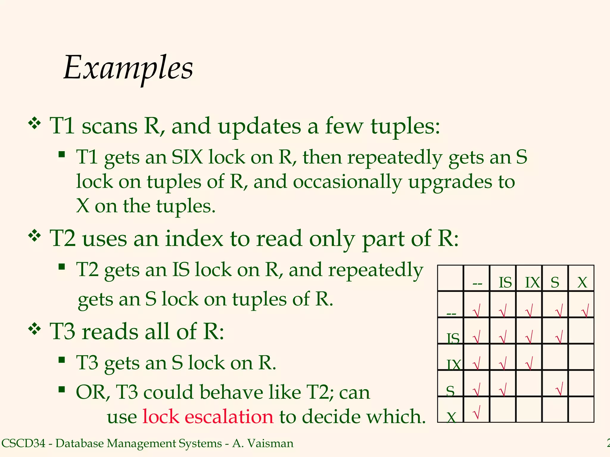 Examples
       T1 scans R, and updates a few tuples:
          T1 gets an SIX lock on R, then repeatedly gets an S
           lock on tuples of R, and occasionally upgrades to
           X on the tuples.
       T2 uses an index to read only part of R:
          T2 gets an IS lock on R, and repeatedly
                                                          --   IS IX S     X
           gets an S lock on tuples of R.
                                                     --   √    √   √   √   √
       T3 reads all of R:                           IS √      √   √   √
          T3 gets an S lock on R.                   IX √      √   √
          OR, T3 could behave like T2; can          S    √    √       √
              use lock escalation to decide which.   X    √
CSCD34 - Database Management Systems - A. Vaisman                              2
 