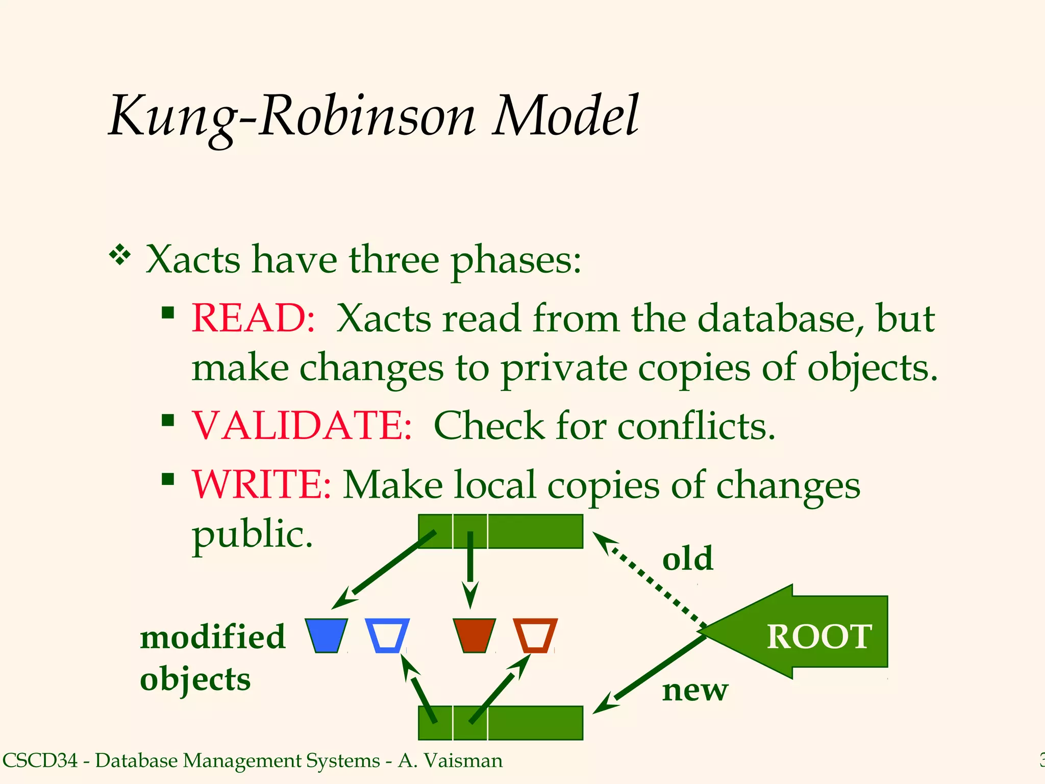 Kung-Robinson Model

             Xacts have three phases:
               READ: Xacts read from the database, but
                make changes to private copies of objects.
               VALIDATE: Check for conflicts.
               WRITE: Make local copies of changes
                public.
                                                    old

              modified                                    ROOT
              objects                               new
CSCD34 - Database Management Systems - A. Vaisman                3
 