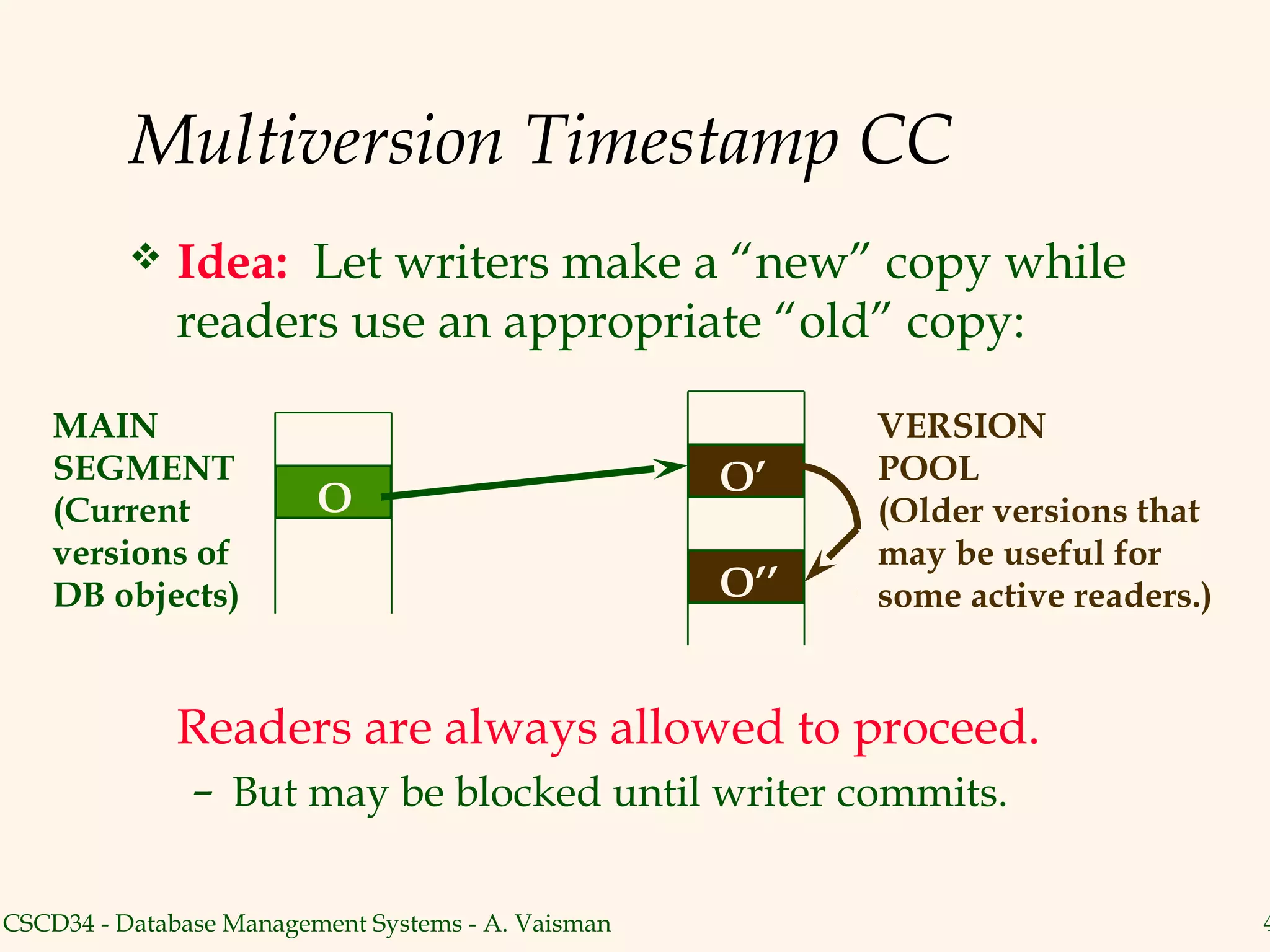Multiversion Timestamp CC
             Idea: Let writers make a “new” copy while
              readers use an appropriate “old” copy:

    MAIN                                                  VERSION
    SEGMENT                                         O’    POOL
    (Current             O                                (Older versions that
    versions of                                           may be useful for
    DB objects)                                     O’’   some active readers.)


              Readers are always allowed to proceed.
               – But may be blocked until writer commits.


CSCD34 - Database Management Systems - A. Vaisman                                 4
 