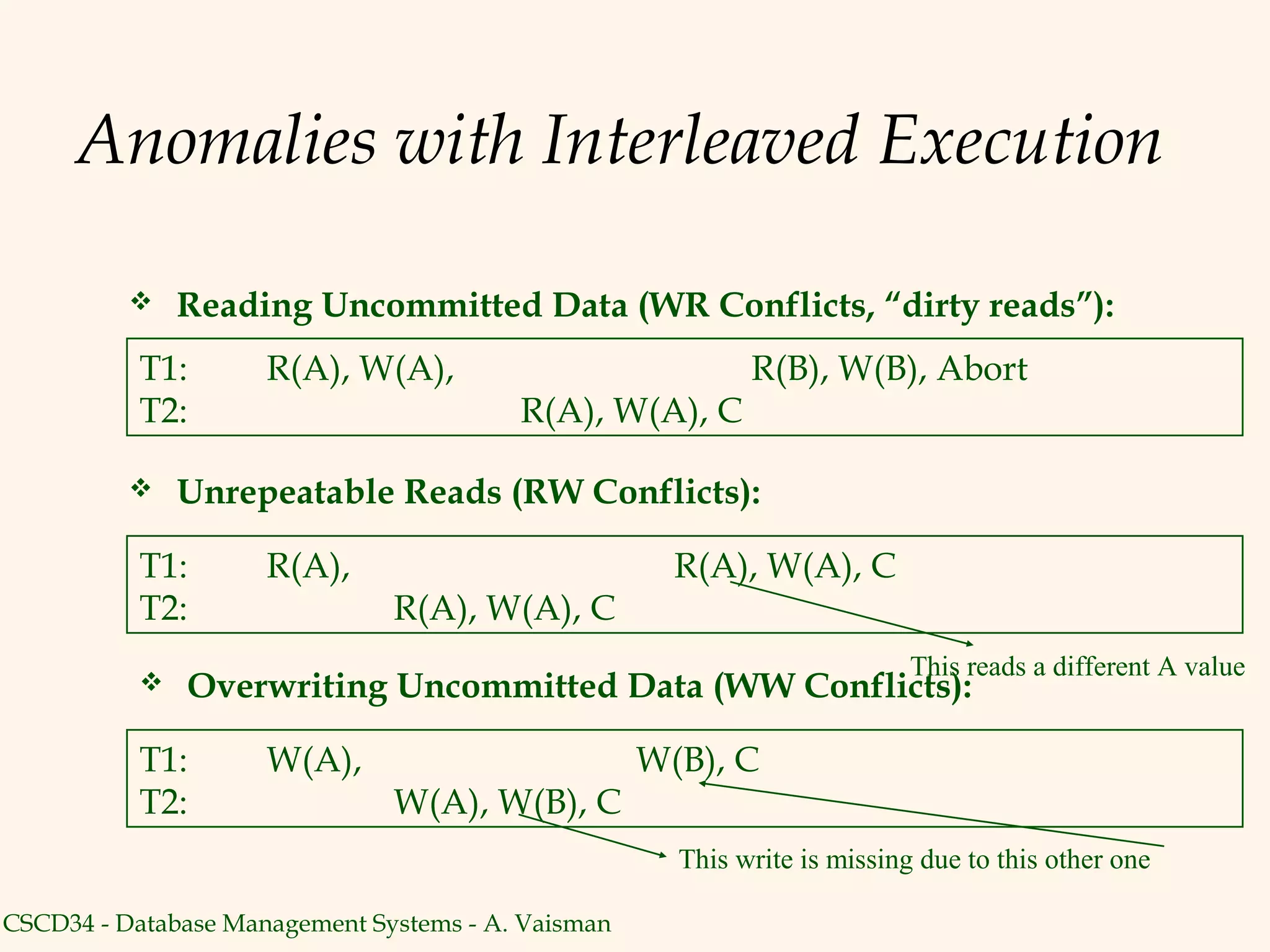 Anomalies with Interleaved Execution

              Reading Uncommitted Data (WR Conflicts, “dirty reads”):
           T1:       R(A), W(A),                            R(B), W(B), Abort
           T2:                           R(A), W(A), C

              Unrepeatable Reads (RW Conflicts):

           T1:       R(A),                            R(A), W(A), C
           T2:                 R(A), W(A), C
                                                                           This reads a different A value
              Overwriting Uncommitted Data (WW Conflicts):

           T1:       W(A),                          W(B), C
           T2:                 W(A), W(B), C
                                                      This write is missing due to this other one

CSCD34 - Database Management Systems - A. Vaisman
 