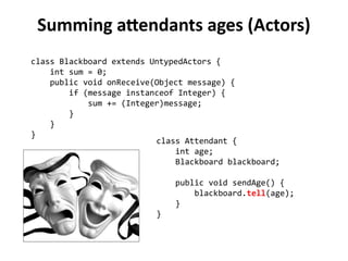 Summing attendants ages (Functional)
class Blackboard {
final int sum;
Blackboard(int sum) { this.sum = sum; }
}
class Attendee {
int age;
Attendee next;
public Blackboard addMyAge(Blackboard blackboard) {
final Blackboard b = new Blackboard(blackboard.sum + age);
return next == null ? b : next.addMyAge(b);
}
}
 