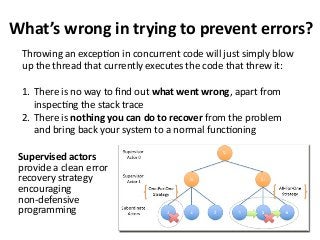 Throwing an exception in concurrent code will just simply blow
up the thread that currently executes the code that threw it:
1. There is no way to find out what went wrong, apart from
inspecting the stack trace
2. There is nothing you can do to recover from the problem
and bring back your system to a normal functioning
What’s wrong in trying to prevent errors?
Supervised actors
provide a clean error
recovery strategy
encouraging
non-defensive
programming
 