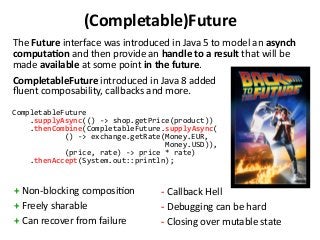 (Completable)Future
The Future interface was introduced in Java 5 to model an asynch
computation and then provide an handle to a result that will be
made available at some point in the future.
CompletableFuture introduced in Java 8 added
fluent composability, callbacks and more.
CompletableFuture
.supplyAsync(() -> shop.getPrice(product))
.thenCombine(CompletableFuture.supplyAsync(
() -> exchange.getRate(Money.EUR,
Money.USD)),
(price, rate) -> price * rate)
.thenAccept(System.out::println);
+ Non-blocking composition
+ Freely sharable
+ Can recover from failure
- Callback Hell
- Debugging can be hard
- Closing over mutable state
 