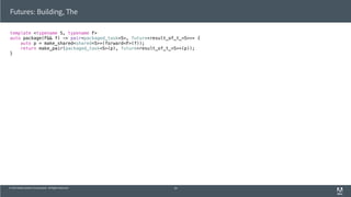 © 2013 Adobe Systems Incorporated. All Rights Reserved.
template <typename S, typename F>
auto package(F&& f) -> pair<packaged_task<S>, future<result_of_t_<S>>> {
auto p = make_shared<shared<S>>(forward<F>(f));
return make_pair(packaged_task<S>(p), future<result_of_t_<S>>(p));
}
Futures: Building, The
54
 