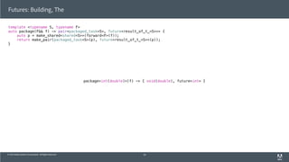 © 2013 Adobe Systems Incorporated. All Rights Reserved.
template <typename S, typename F>
auto package(F&& f) -> pair<packaged_task<S>, future<result_of_t_<S>>> {
auto p = make_shared<shared<S>>(forward<F>(f));
return make_pair(packaged_task<S>(p), future<result_of_t_<S>>(p));
}
Futures: Building, The
54
package<int(double)>(f) -> { void(double), future<int> }
 