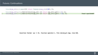 © 2013 Adobe Systems Incorporated. All Rights Reserved.
Futures: Continuations
future<cpp_int> x = async([]{ return fibonacci<cpp_int>(100); });
future<cpp_int> y = x.then([](future<cpp_int> x){ return cpp_int(x.get() * 2); });
future<cpp_int> z = x.then([](future<cpp_int> x){ return cpp_int(x.get() / 15); });
47
Assertion failed: (px != 0), function operator->, file shared_ptr.hpp, line 648.
 