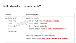 Is it related to my java code?
Java code Reordered (Maybe)
public int test() {
int a = 1;
a++;
int b = 2;
b++;
return a+b;
}
public int test() {
int a = 1, b = 2; // load var and data
a++; // read and write
b++; // read and write
return a+b; // result is same after reordered
}
// Should be faster in a smater way…
// Most important is we don’t know the order
 