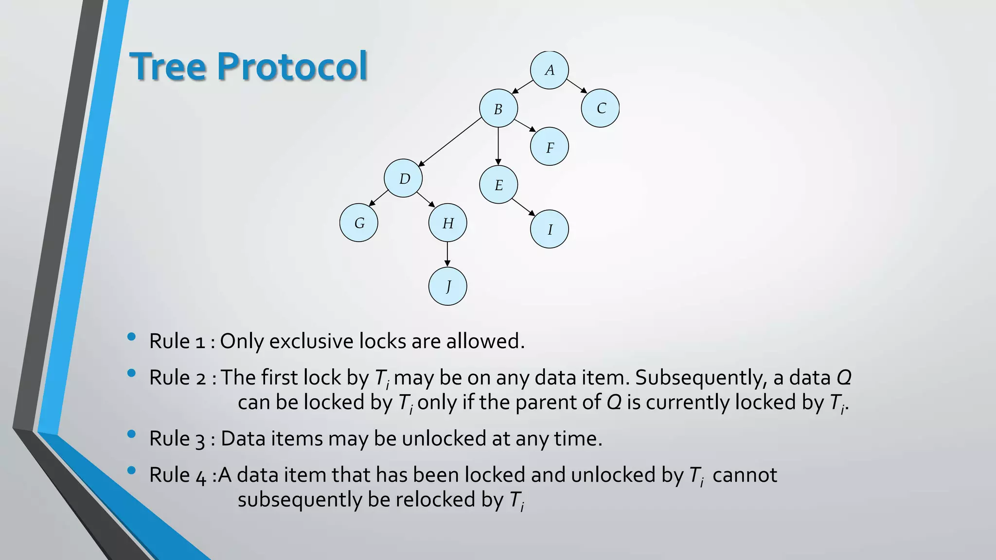 Tree Protocol
• Rule 1 : Only exclusive locks are allowed.
• Rule 2 :The first lock by Ti may be on any data item. Subsequently, a data Q
can be locked by Ti only if the parent of Q is currently locked by Ti.
• Rule 3 : Data items may be unlocked at any time.
• Rule 4 :A data item that has been locked and unlocked by Ti cannot
subsequently be relocked by Ti
 