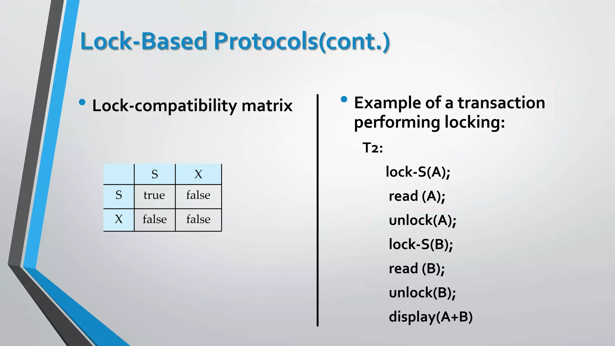 Lock-Based Protocols(cont.)
• Lock-compatibility matrix • Example of a transaction
performing locking:
T2:
lock-S(A);
read (A);
unlock(A);
lock-S(B);
read (B);
unlock(B);
display(A+B)
 