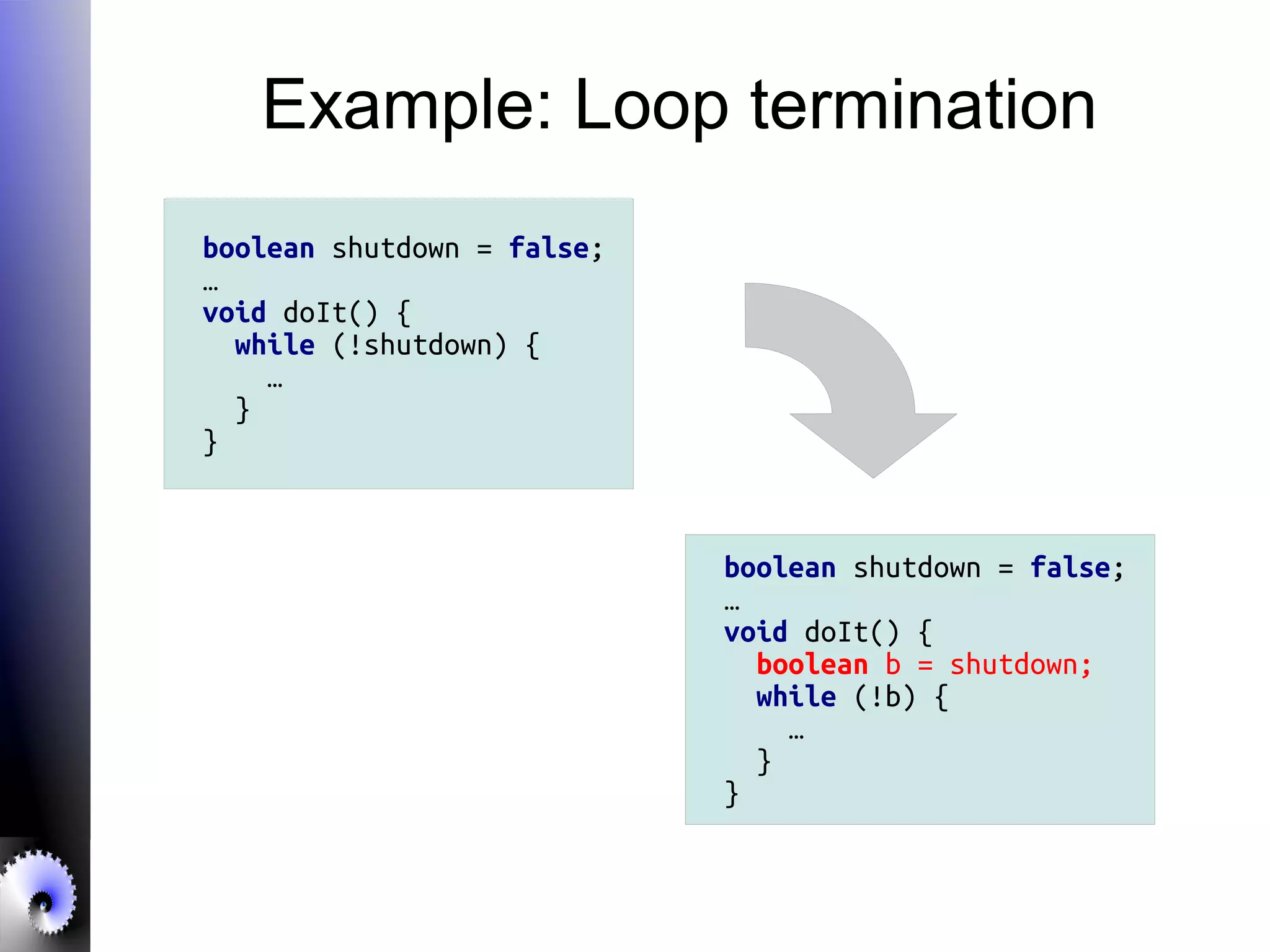 Example: Loop termination
boolean shutdown = false;
…
void doIt() {
while (!shutdown) {
…
}
}
boolean shutdown = false;
…
void doIt() {
boolean b = shutdown;
while (!b) {
…
}
}
 