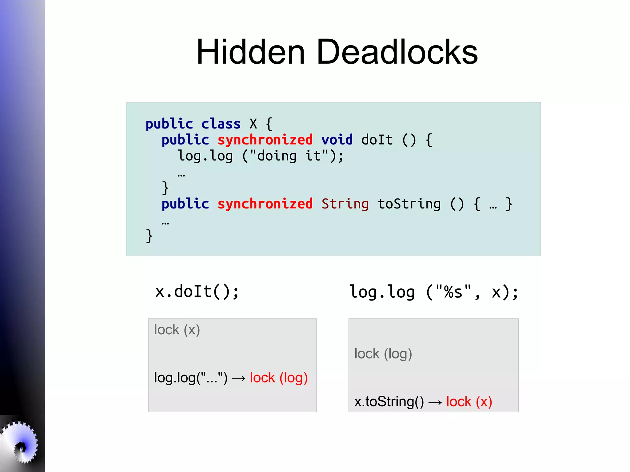 Hidden Deadlocks
public class X {
public synchronized void doIt () {
log.log ("doing it");
…
}
public synchronized String toString () { … }
…
}
x.doIt(); log.log ("%s", x);
lock (x)
log.log("...") → lock (log)
lock (log)
x.toString() → lock (x)
 