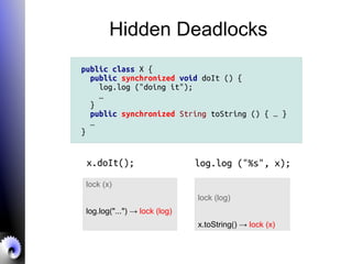 Hidden Deadlocks
public class X {
public synchronized void doIt () {
log.log ("doing it");
…
}
public synchronized String toString () { … }
…
}
x.doIt(); log.log ("%s", x);
lock (x)
log.log("...") → lock (log)
lock (log)
x.toString() → lock (x)
 