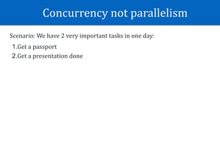 Concurrency	not	parallelism	
Scenario:	We	have	2	very	important	tasks	in	one	day:	
1.Get	a	passport	
2.Get	a	presentation	done
 