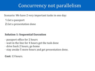 Concurrency	not	parallelism	
Scenario:	We	have	2	very	important	tasks	in	one	day:	
1.Get	a	passport	
2.Get	a	presentation	done
Solution	1:	Sequential	Execution	
- passport	ofEice	for	2	hours	
- wait	in	the	line	for	4	hours	get	the	task	done	
- drive	back	2	hours,	go	home		
- stay	awake	5	more	hours	and	get	presentation	done.	
Cost:	13	hours.
 