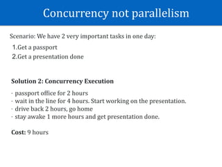 Concurrency	not	parallelism	
Scenario:	We	have	2	very	important	tasks	in	one	day:	
1.Get	a	passport	
2.Get	a	presentation	done
Solution	2:	Concurrency	Execution	
- passport	ofEice	for	2	hours	
- wait	in	the	line	for	4	hours.	Start	working	on	the	presentation.	
- drive	back	2	hours,	go	home		
- stay	awake	1	more	hours	and	get	presentation	done.	
Cost:	9	hours
 
