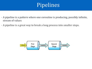 Pipelines
- A	pipeline	is	a	pattern	where	one	coroutine	is	producing,	possibly	inEinite,	
stream	of	values	
- A	pipeline	is	a	great	way	to	break	a	long	process	into	smaller	steps.
 