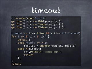 timeout 
c := make(chan Result) 
go func() { c <- Web(query) } () 
go func() { c <- Image(query) } () 
go func() { c <- Video(query) } () 
timeout := time.After(80 * time.Millisecond) 
for i := 0; i < 3; i++ { 
select { 
case result := <-c: 
results = append(results, result) 
case <-timeout: 
fmt.Println("timed out") 
return 
} 
} 
return 
 