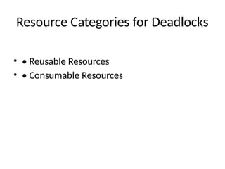 Resource Categories for Deadlocks
• • Reusable Resources
• • Consumable Resources
 