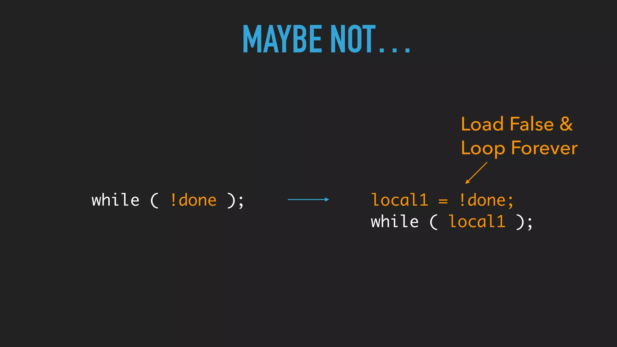 MAYBE NOT…
while ( !done ); local1 = !done;
while ( local1 );
Load False &
Loop Forever
 