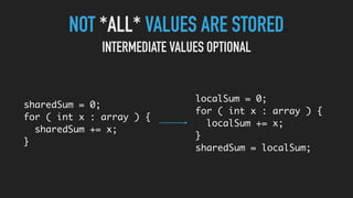 NOT *ALL* VALUES ARE STORED
sharedSum = 0;
for ( int x : array ) {
sharedSum += x;
}
INTERMEDIATE VALUES OPTIONAL
localSum = 0;
for ( int x : array ) {
localSum += x;
}
sharedSum = localSum;
 