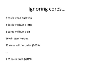 Ignoring cores…
2 cores won't hurt you

4 cores will hurt a little

8 cores will hurt a bit

16 will start hurting

32 cores will hurt a lot (2009)

...

1 M cores ouch (2019)
 