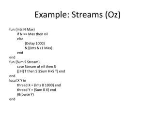 Example: Streams (Oz)
fun {Ints N Max}
      if N == Max then nil
      else
            {Delay 1000}
            N|{Ints N+1 Max}
      end
end
fun {Sum S Stream}
      case Stream of nil then S
      [] H|T then S|{Sum H+S T} end
end
local X Y in
      thread X = {Ints 0 1000} end
      thread Y = {Sum 0 X} end
      {Browse Y}
end
 