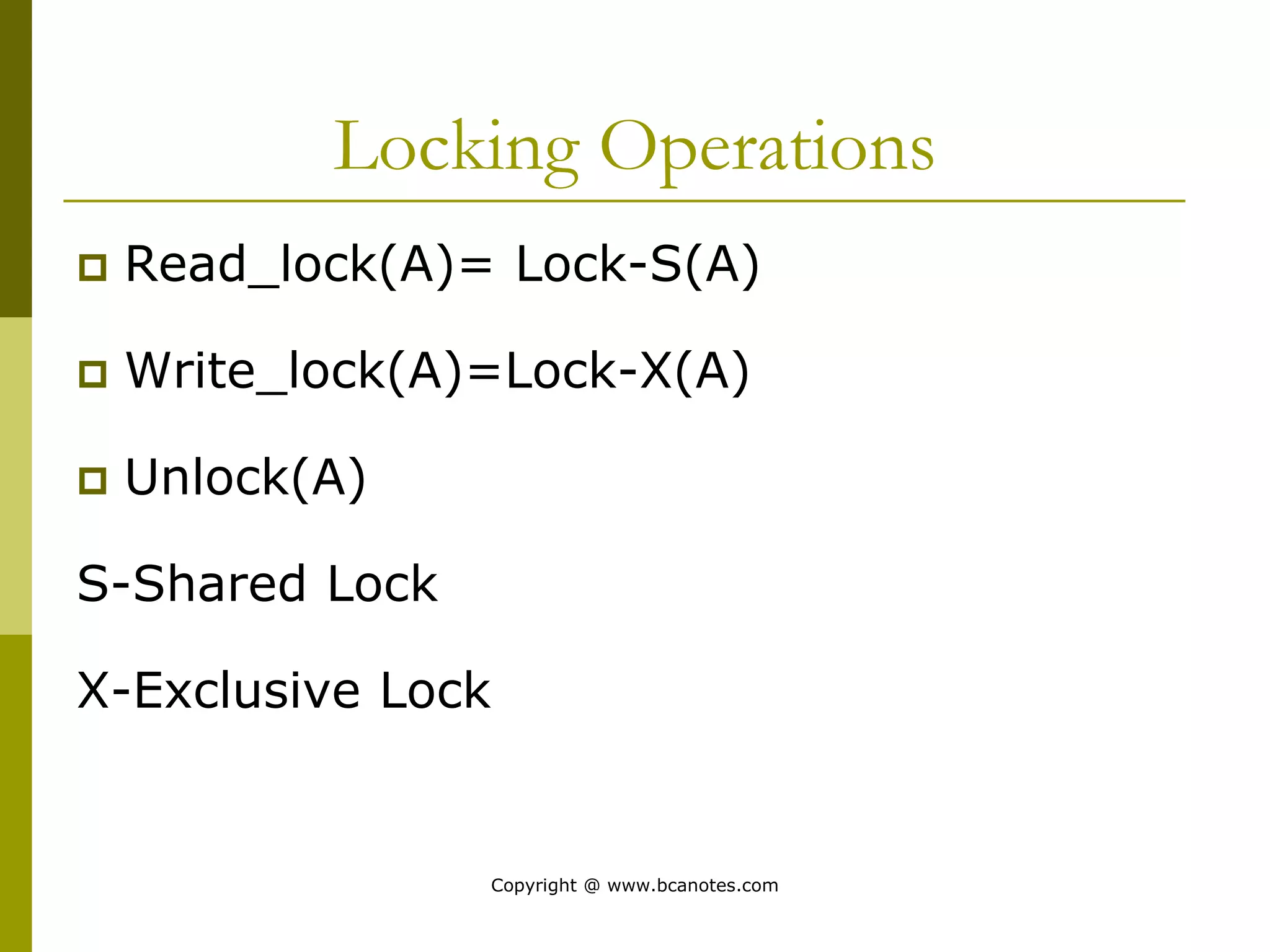 Locking Operations
 Read_lock(A)= Lock-S(A)
 Write_lock(A)=Lock-X(A)
 Unlock(A)
S-Shared Lock
X-Exclusive Lock
Copyright @ www.bcanotes.com
 