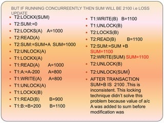 BUT IF RUNNING CONCURREENTLY THEN SUM WILL BE 2100 i.e LOSS
UPDATE
 T2:LOCKX(SUM)                 T1:WRITE(B) B=1100
 T2:SUM:=0                     T1:UNLOCK(B)
 T2:LOCKS(A)    A=1000         T2:LOCKS(B)
 T2:READ(A)                    T2:READ(B)    B=1100
 T2:SUM:=SUM+A SUM=1000        T2:SUM:=SUM +B
 T2:UNLOCK(A)                   SUM=1100
 T1:LOCKX(A)                    T2:WRITE(SUM) SUM=1100
 T1:READ(A)     A=1000         T2:UNLOCK(B)

 T1:A:=A-200    A=800          T2:UNLOCK(SUM)
 T1:WRITE(A)    A=800          AFTER TRANSACTION
 T1:UNLOCK(A)                   SUM+B IS 2100 .This is
 T1:LOCKX(B)
                                 inconsistent. This locking
                                 technique didn’t solve this
 T1:READ(B)      B=900          problem because value of a/c
 T1:B:=B+200     B=1100         A was added to sum before
                                 modification was
 