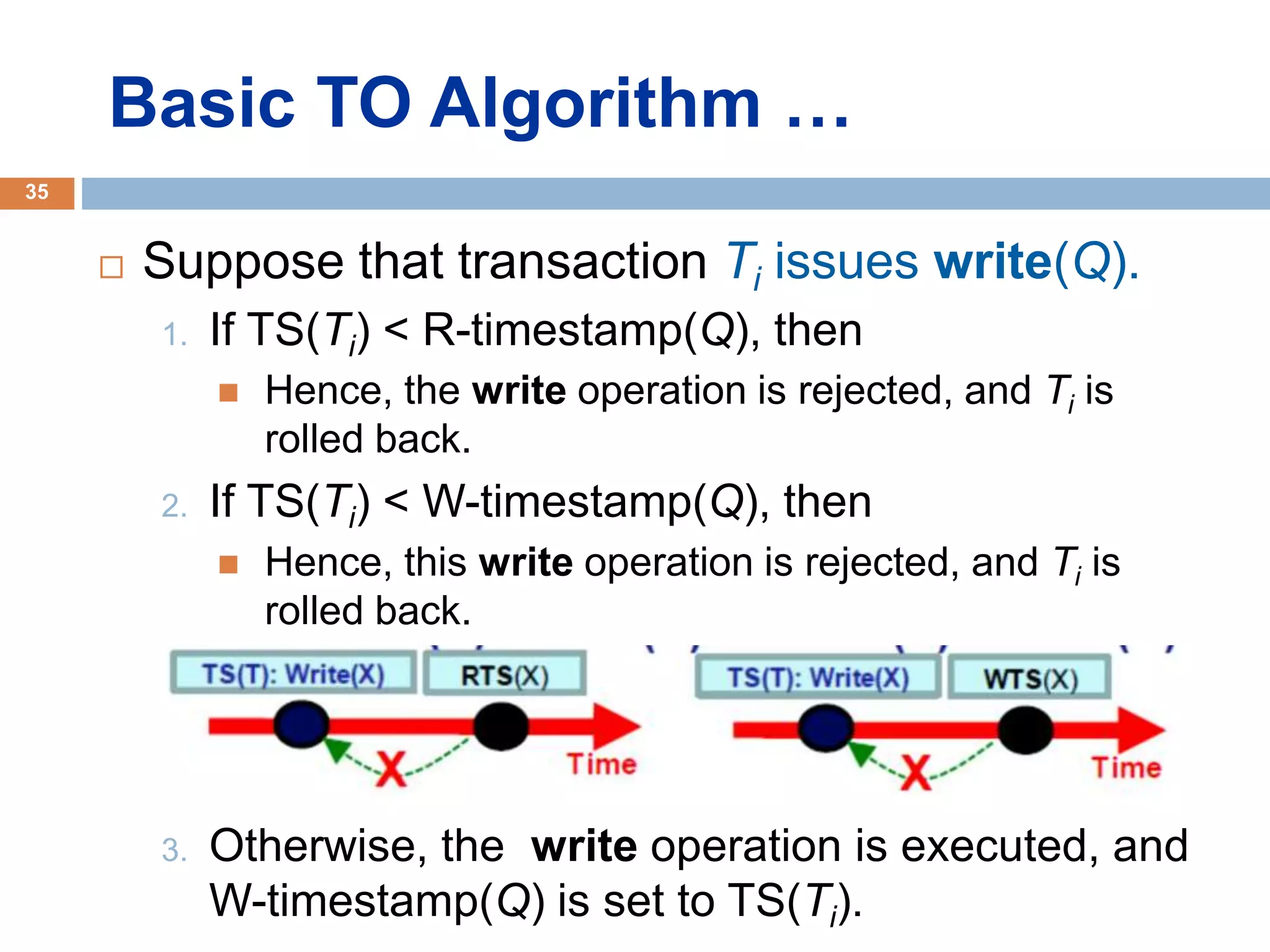  Suppose that transaction Ti issues write(Q).
1. If TS(Ti) < R-timestamp(Q), then
 Hence, the write operation is rejected, and Ti is
rolled back.
2. If TS(Ti) < W-timestamp(Q), then
 Hence, this write operation is rejected, and Ti is
rolled back.
3. Otherwise, the write operation is executed, and
W-timestamp(Q) is set to TS(Ti).
Basic TO Algorithm …
35
 