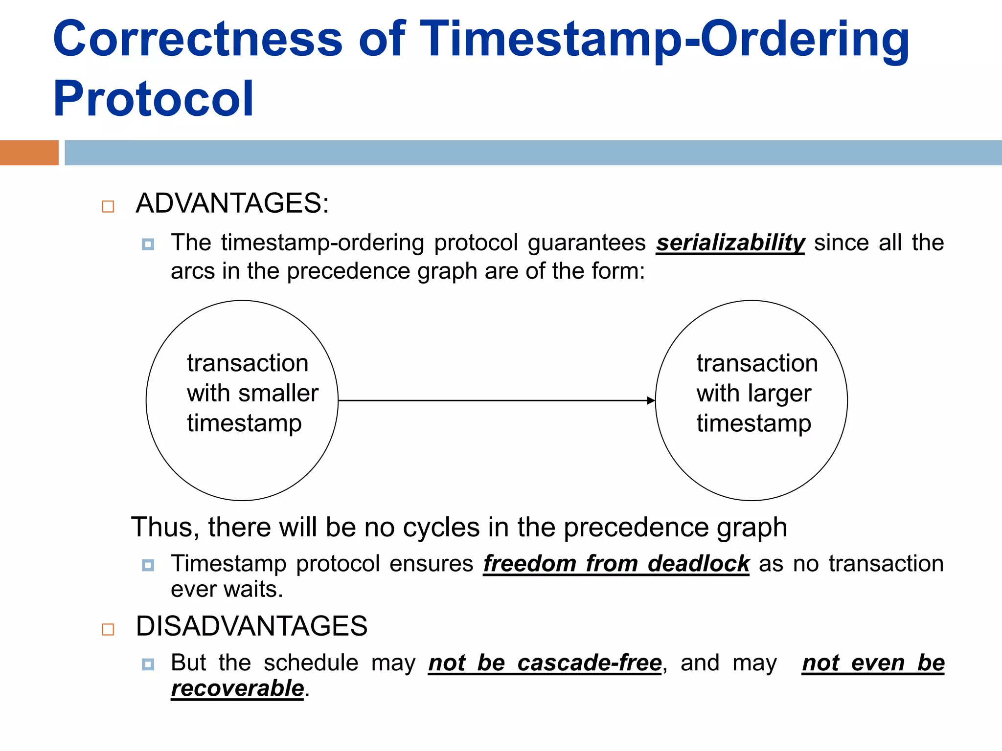 Correctness of Timestamp-Ordering
Protocol
 ADVANTAGES:
 The timestamp-ordering protocol guarantees serializability since all the
arcs in the precedence graph are of the form:
Thus, there will be no cycles in the precedence graph
 Timestamp protocol ensures freedom from deadlock as no transaction
ever waits.
 DISADVANTAGES
 But the schedule may not be cascade-free, and may not even be
recoverable.
transaction
with smaller
timestamp
transaction
with larger
timestamp
 