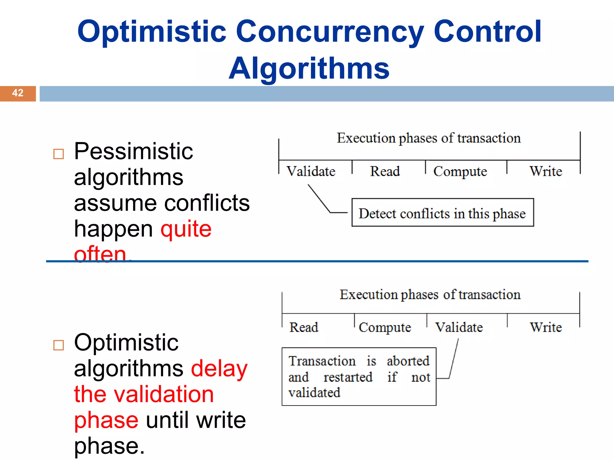 Optimistic Concurrency Control
Algorithms
 Pessimistic
algorithms
assume conflicts
happen quite
often.
 Optimistic
algorithms delay
the validation
phase until write
phase.
42
 