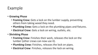Example
• Growing Phase
• Framing Crew: Gets a lock on the lumber supply, preventing
others from taking wood they need.
• Plumbing Crew: Gets a lock on the plumbing pipes and fixtures.
• Electrical Crew: Gets a lock on wiring, outlets, etc.
• Shrinking Phase
• Framing Crew: Finishes their work, releases the lock on the
lumber (other crews can now use it).
• Plumbing Crew: Finishes, releases the lock on pipes.
• Electrical Crew: Finishes, releases the lock on wiring.
 