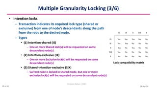 16-Apr-24
Multiple Granularity Locking (3/6)
• Intention locks
– Transaction indicates its required lock type (shared or
exclusive) from one of node’s descendants along the path
from the root to the desired node.
– Types
• (1) Intention-shared (IS)
– One or more Shared lock(s) will be requested on some
descendant node(s)
• (2) Intention-exclusive (IX)
– One or more Exclusive lock(s) will be requested on some
descendant node(s)
• (3) Shared-intention-exclusive (SIX)
– Current node is locked in shared mode, but one or more
exclusive lock(s) will be requested on some descendant node(s)
Christalin Nelson | SOCS
Lock compatibility matrix
40 of 44
 