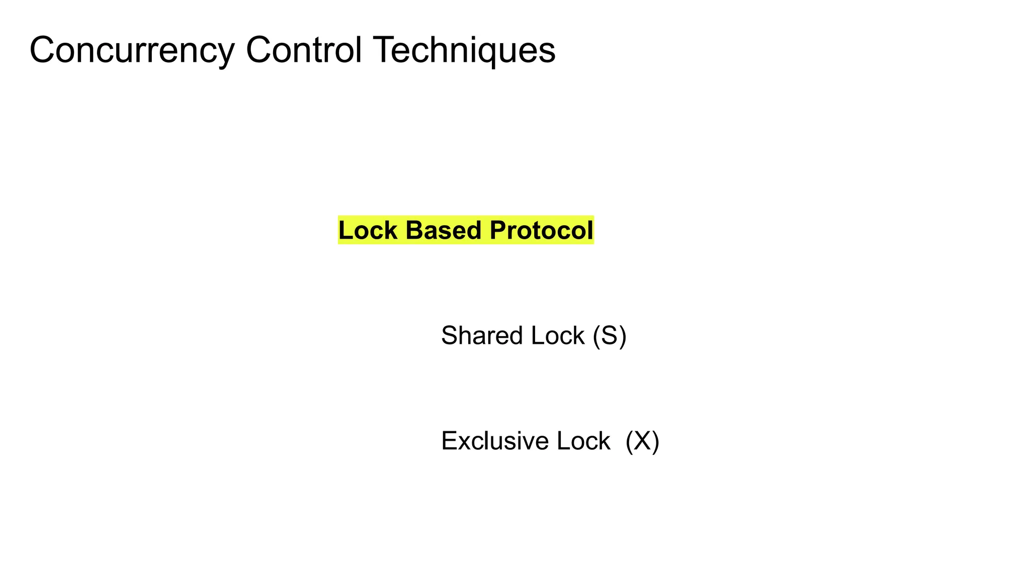 Concurrency Control Techniques
Lock Based Protocol
Shared Lock (S)
Exclusive Lock (X)
 