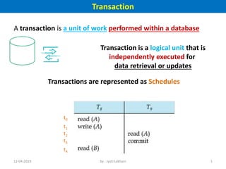 Transaction
A transaction is a unit of work performed within a database
Transaction is a logical unit that is
independently executed for
data retrieval or updates
Transactions are represented as Schedules
t0
t1
t2
t3
t4
12-04-2019 1by : Jyoti Lakhani
 