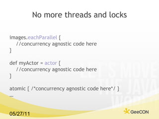 Composing async functions def  hash = oldHash.asyncFun() def  compare = oldCompare.asyncFun() def  download = oldDownload.asyncFun() def  loadFile = oldLoadFile.asyncFun() def  hash1 = hash(download( 'http://www.gpars.org' ))  def  hash2 = hash(loadFile( '/gpars/website/index.html' ))  def  result = compare(hash1, hash2) println result .get() 