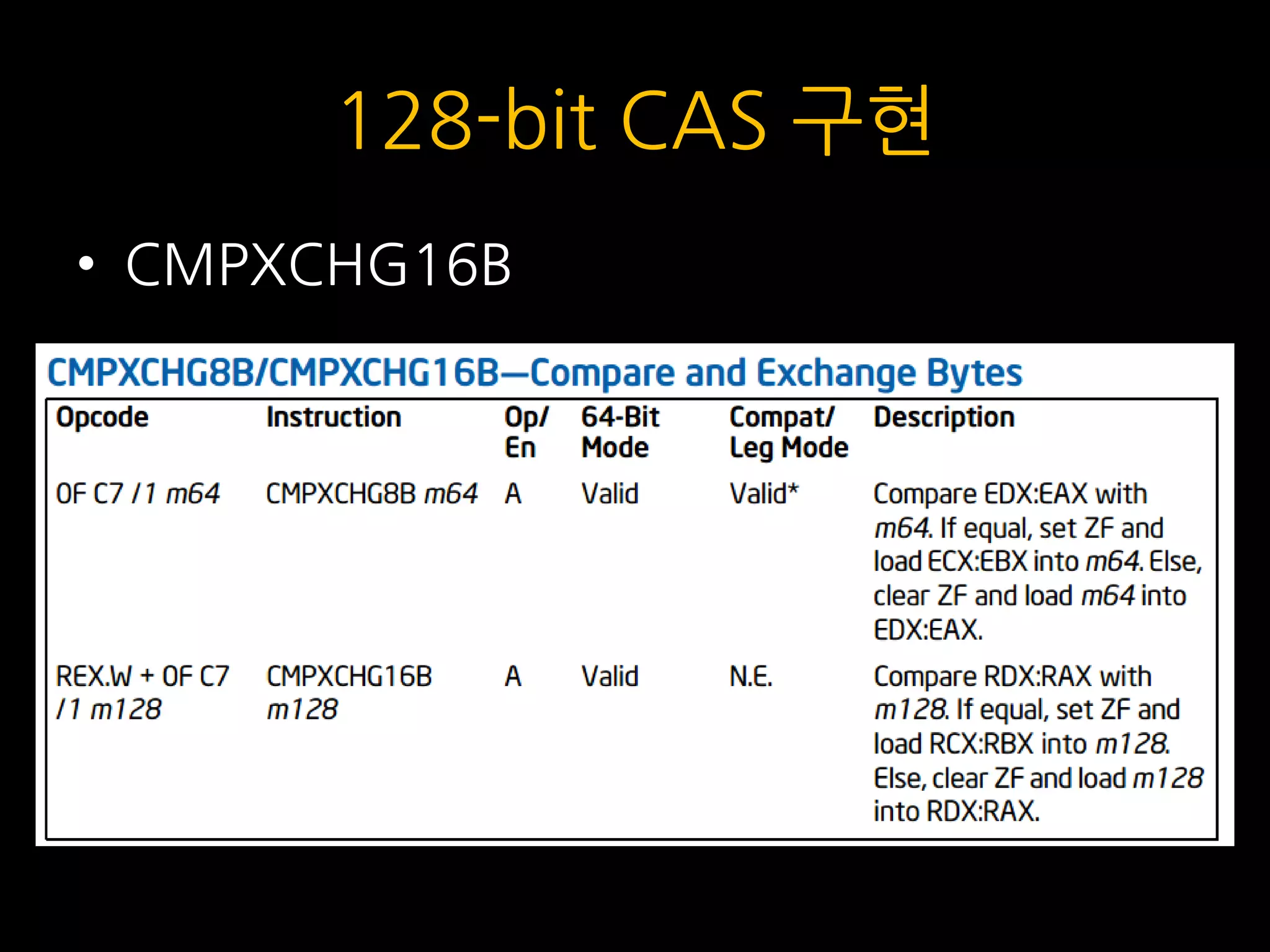 128-bit CAS 구현
• CMPXCHG16B
 