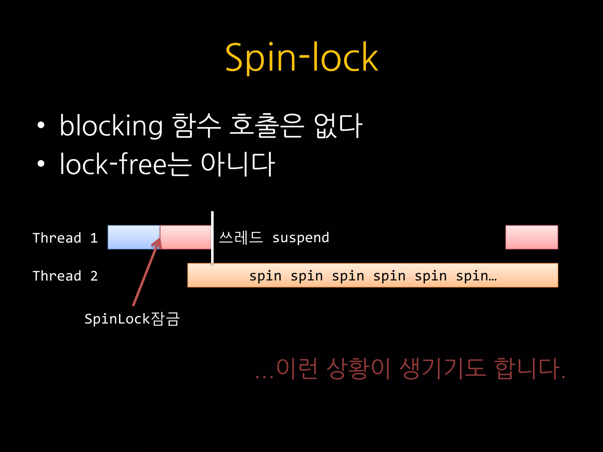 Spin-lock
• blocking 함수 호출은 없다
• lock-free는 아니다
...이런 상황이 생기기도 합니다.
Thread 1
Thread 2 spin spin spin spin spin spin…
SpinLock잠금
쓰레드 suspend
 
