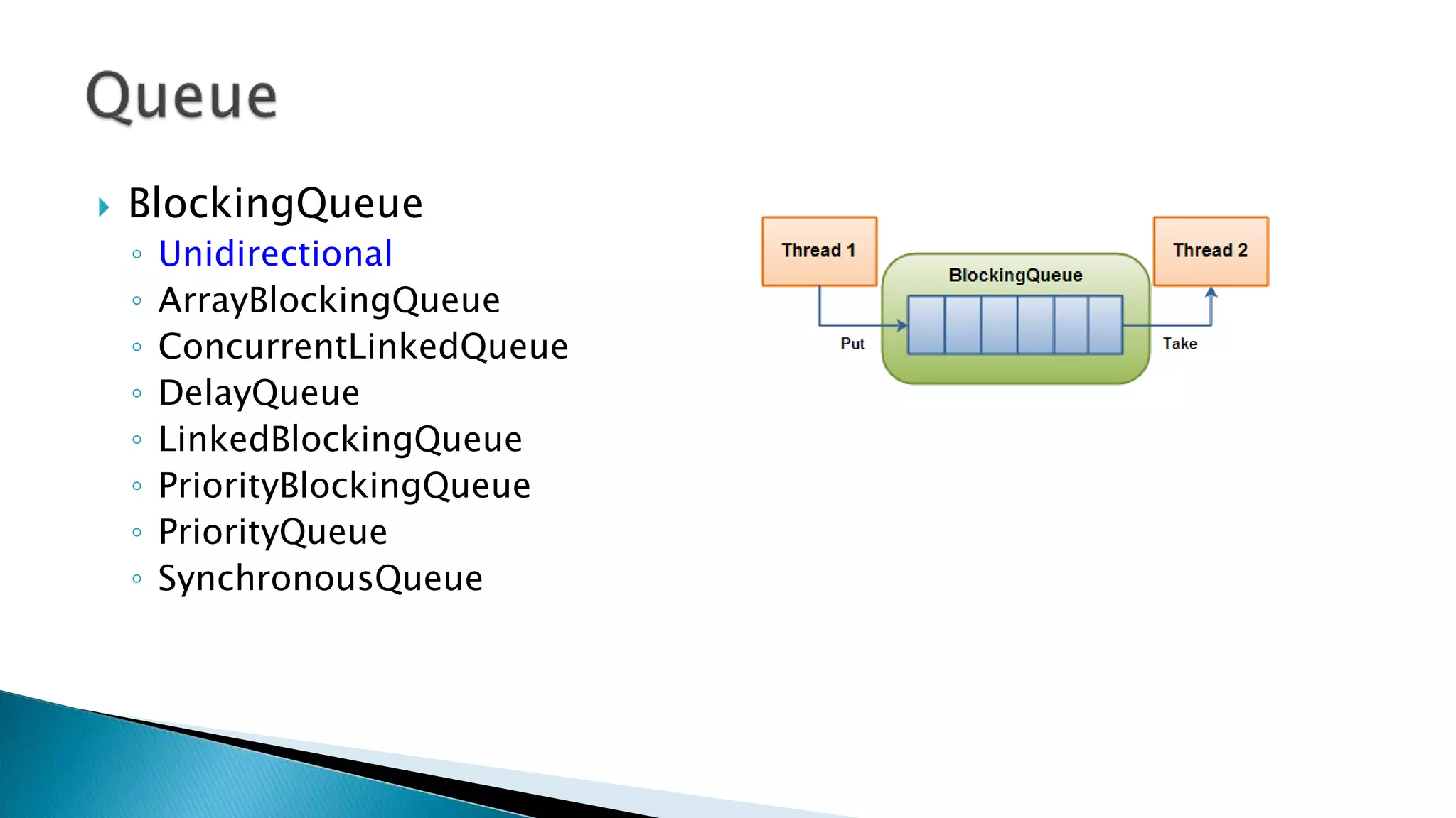  BlockingQueue
◦ Unidirectional
◦ ArrayBlockingQueue
◦ ConcurrentLinkedQueue
◦ DelayQueue
◦ LinkedBlockingQueue
◦ PriorityBlockingQueue
◦ PriorityQueue
◦ SynchronousQueue
 
