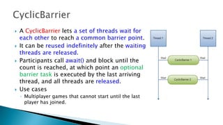  A CyclicBarrier lets a set of threads wait for
each other to reach a common barrier point.
 It can be reused indefinitely after the waiting
threads are released.
 Participants call await() and block until the
count is reached, at which point an optional
barrier task is executed by the last arriving
thread, and all threads are released.
 Use cases
◦ Multiplayer games that cannot start until the last
player has joined.
 