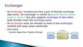  An Exchanger (rendezvous) lets a pair of threads exchange
data items. An exchanger is similar to a cyclic barrier whose
count is set to 2 but also supports exchange of data when
both threads reach the exchange point.
 An Exchanger waits for threads to meet at the exchange()
method and swap values atomically.
 Use cases
◦ Genetic Algorithm, Pipeline Design
 
