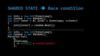 SHARED STATE  Race condition
var ints = new int[InnerLoop];
var random = new Random();
for (var inner = 0; inner < InnerLoop; ++inner)
{
ints[inner] = random.Next();
}
// -----------------------------------------------var ints = new int[InnerLoop];
var random = new Random();
Parallel.For(
0,
InnerLoop,
i => ints[i] = random.Next()
);

 