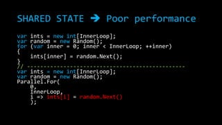 SHARED STATE  Poor performance
var ints = new int[InnerLoop];
var random = new Random();
for (var inner = 0; inner < InnerLoop; ++inner)
{
ints[inner] = random.Next();
}
// -----------------------------------------------var ints = new int[InnerLoop];
var random = new Random();
Parallel.For(
0,
InnerLoop,
i => ints[i] = random.Next()
);

 