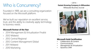 Who is Concurrency?
Founded in 1989, we are a consulting organization
focused on the Microsoft platform.
We’ve built our reputation on excellent service,
trust, and the ability to creatively apply technology
to business needs.
Microsoft Partner of the Year
• 2014 Management & Virtualization Finalist
• 2012 Midwest
• 2012 Central Regional
• 2012 Content Management Global
• 2011 Midwest
• 2010 Marketing
Microsoft Gold Certification
• Collaboration & Content
• Communications
• Management & Virtualization
• Dynamics CRM
– 2014 –
Fastest Growing Company in Milwaukee
Milwaukee Business Journal
 