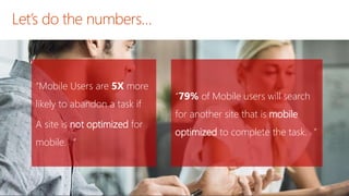 “Mobile Users are 5X more
likely to abandon a task if
A site is not optimized for
mobile. 1 ”
“79% of Mobile users will search
for another site that is mobile
optimized to complete the task. 1 ”
 