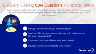 Were you able to find what you were looking for?1
How long did it take you to accomplish your task or tasks and was
this longer than expected?
2
If you could make the tool better what would you do?3
Would you recommend the tool to someone else?4
 