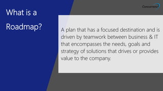 What is a
Roadmap? A plan that has a focused destination and is
driven by teamwork between business & IT
that encompasses the needs, goals and
strategy of solutions that drives or provides
value to the company.
 